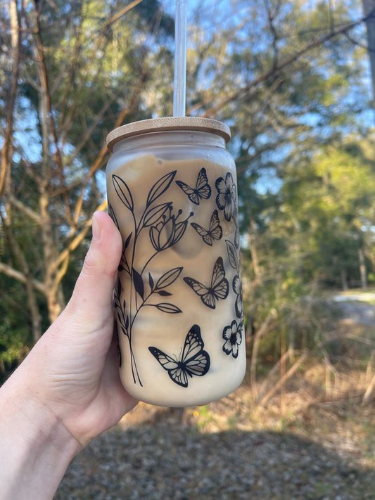 Butterflies flowers, and floral butterfly design coffee can 16oz cute glass coffee can cup. With bamboo wood lid and plastic straw