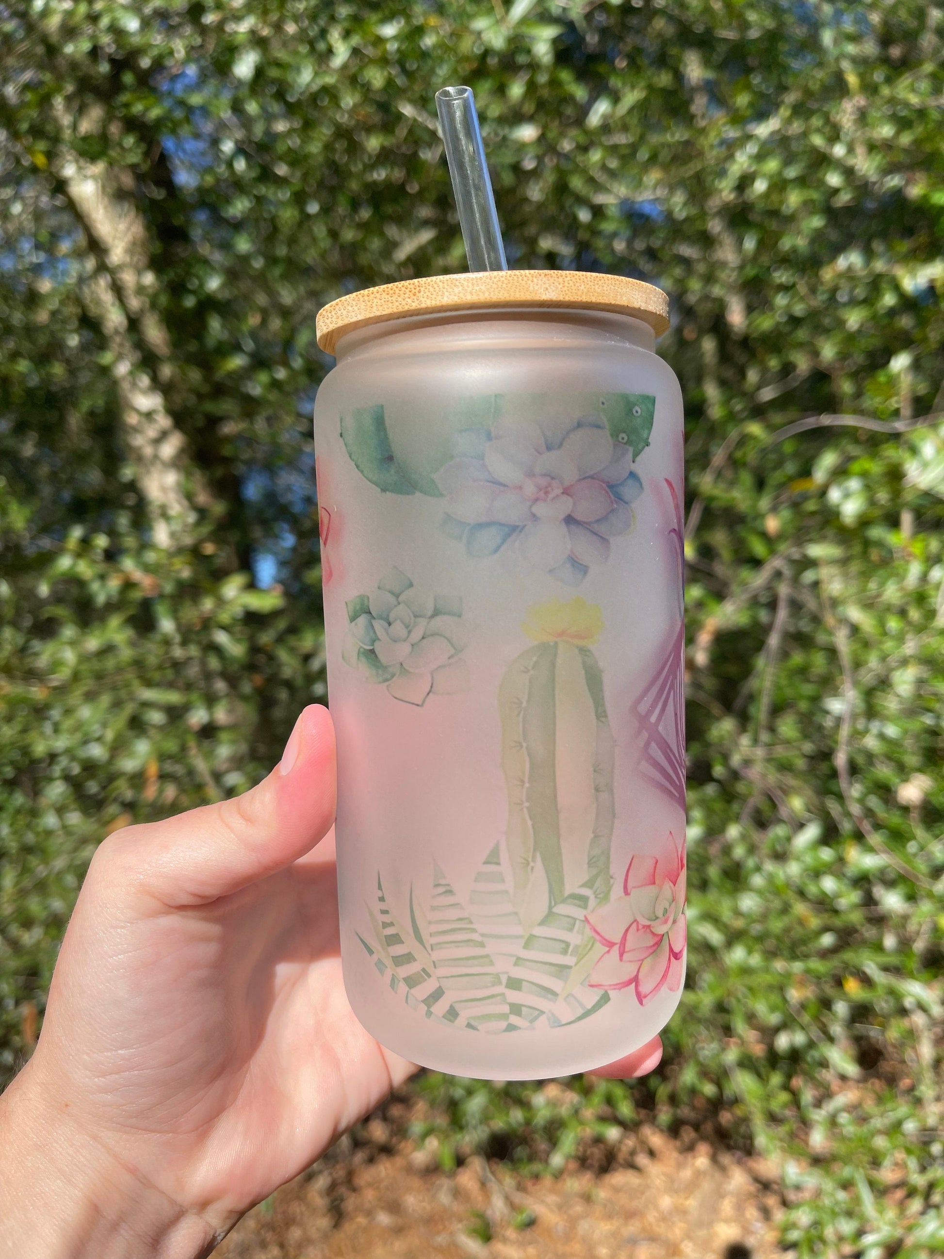 Succulents and Plant Mom with cactus   coffee can 16oz cute glass cup With bamboo wood lid and plastic straw