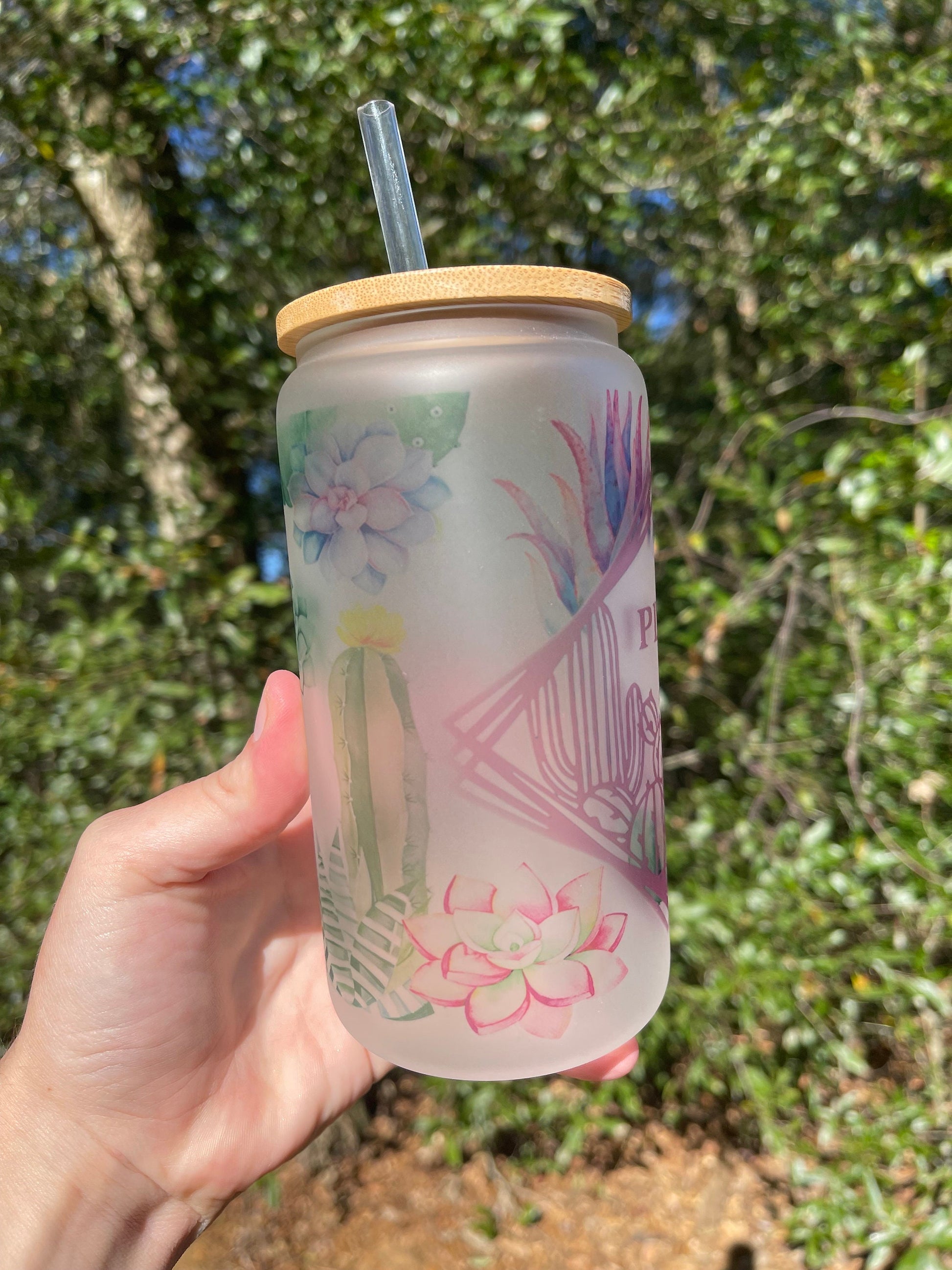 Succulents and Plant Mom with cactus   coffee can 16oz cute glass cup With bamboo wood lid and plastic straw