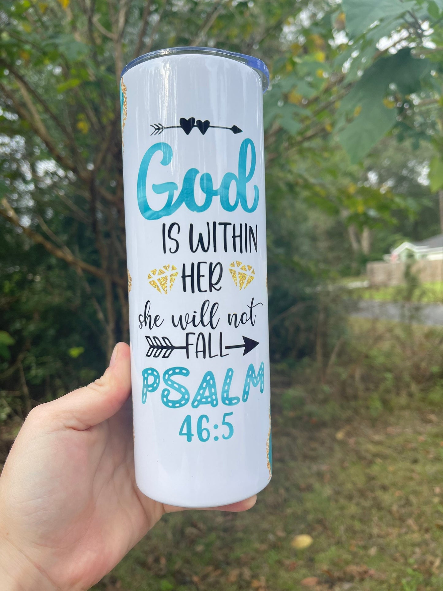 Green or Pink Psalms 46:5 20oz skinny tumbler or 12oz kids bottle cup with straw. Other colors available