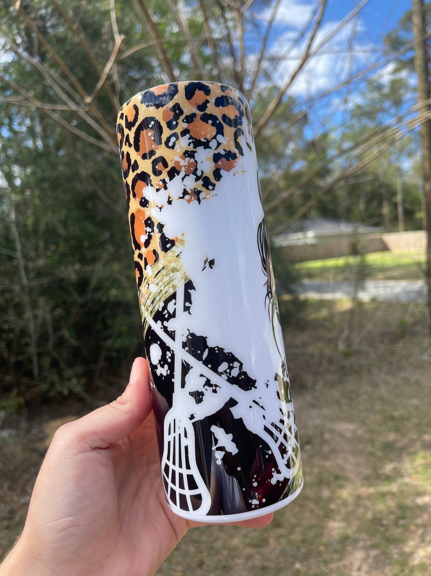 Lacrosse mom life mom bun 20oz skinny tumbler with cheetah print