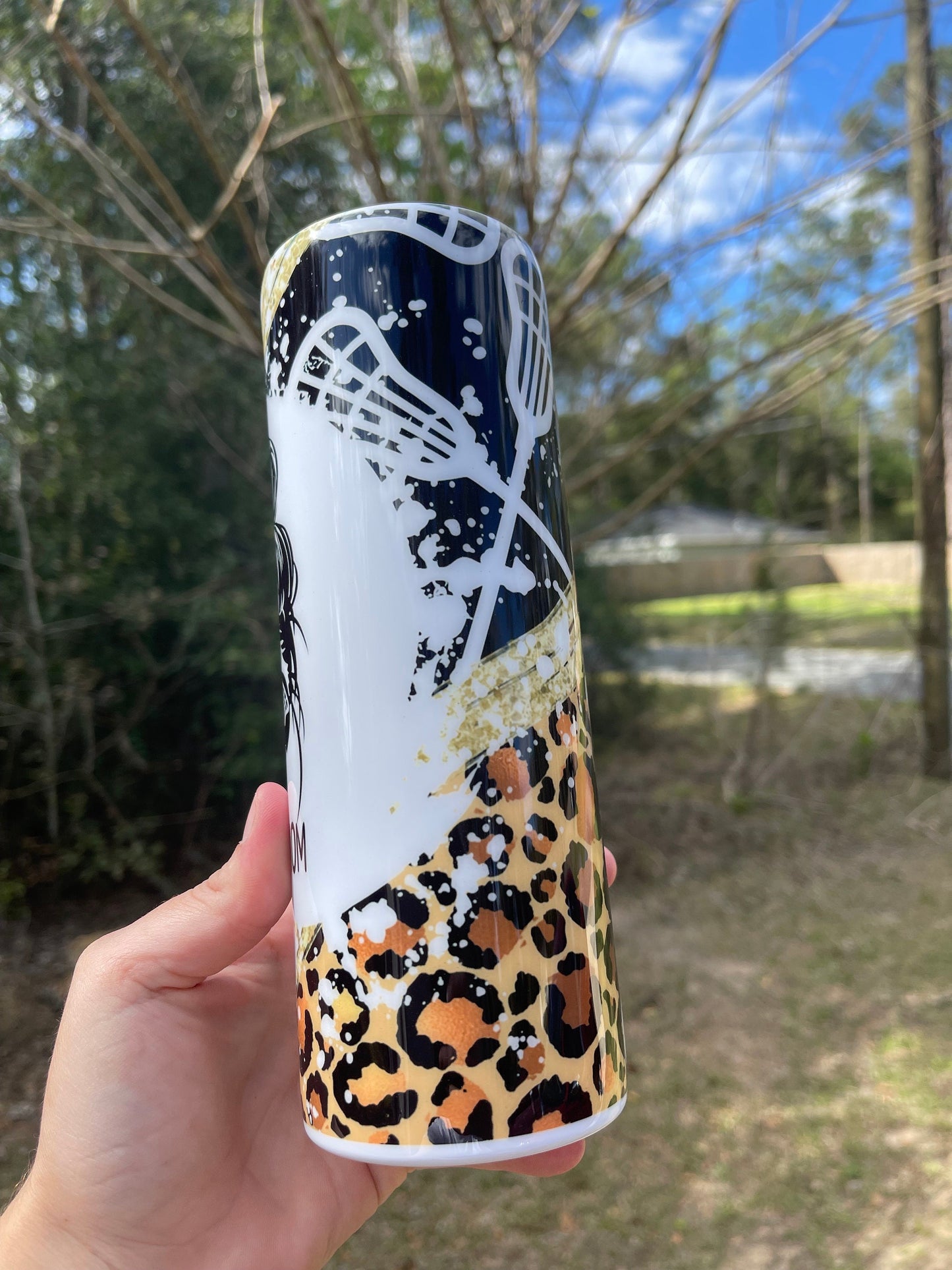 Lacrosse mom life mom bun 20oz skinny tumbler with cheetah print