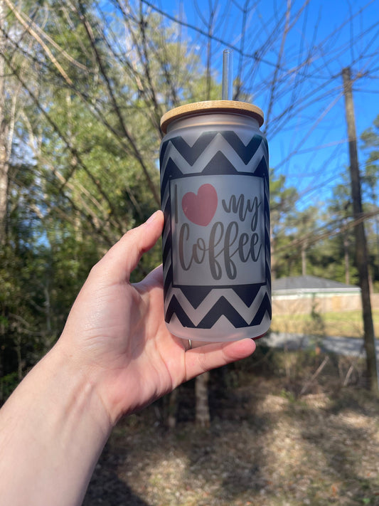 I love heart my coffee with black stripes  16oz frosted glass coffee can cup. With bamboo wood lid and plastic straw