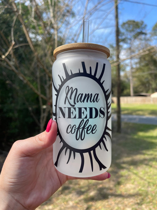 Mama needs her coffee cute sunflower 16oz frosted glass coffee can cup. With bamboo wood lid and plastic straw