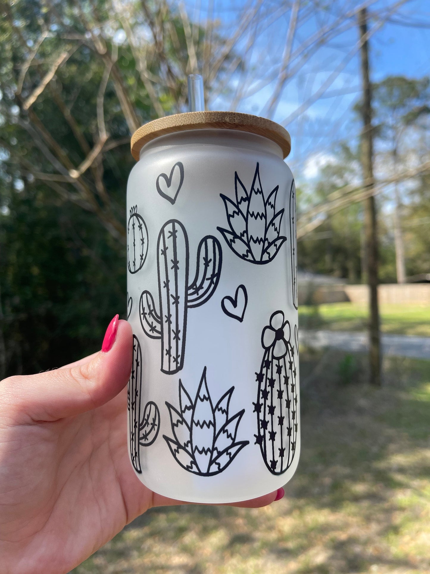 Cactus and succulent frosted glass cam 16oz with bamboo lid and straw. Perfect for coffee teas and more.