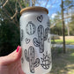 Cactus and succulent frosted glass cam 16oz with bamboo lid and straw. Perfect for coffee teas and more.