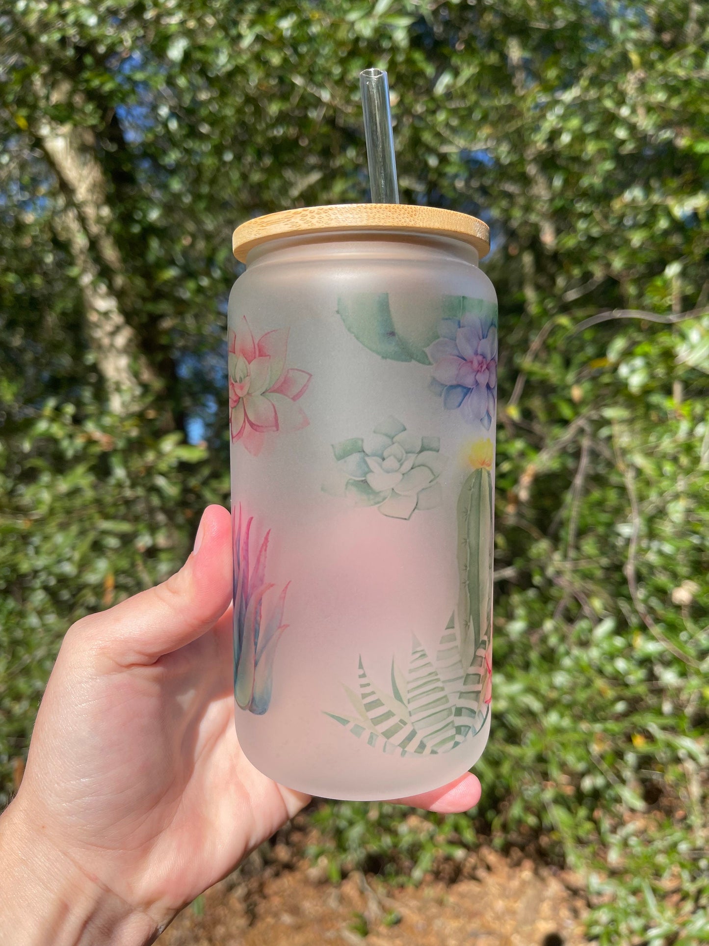 Succulents and Plant Mom with cactus   coffee can 16oz cute glass cup With bamboo wood lid and plastic straw