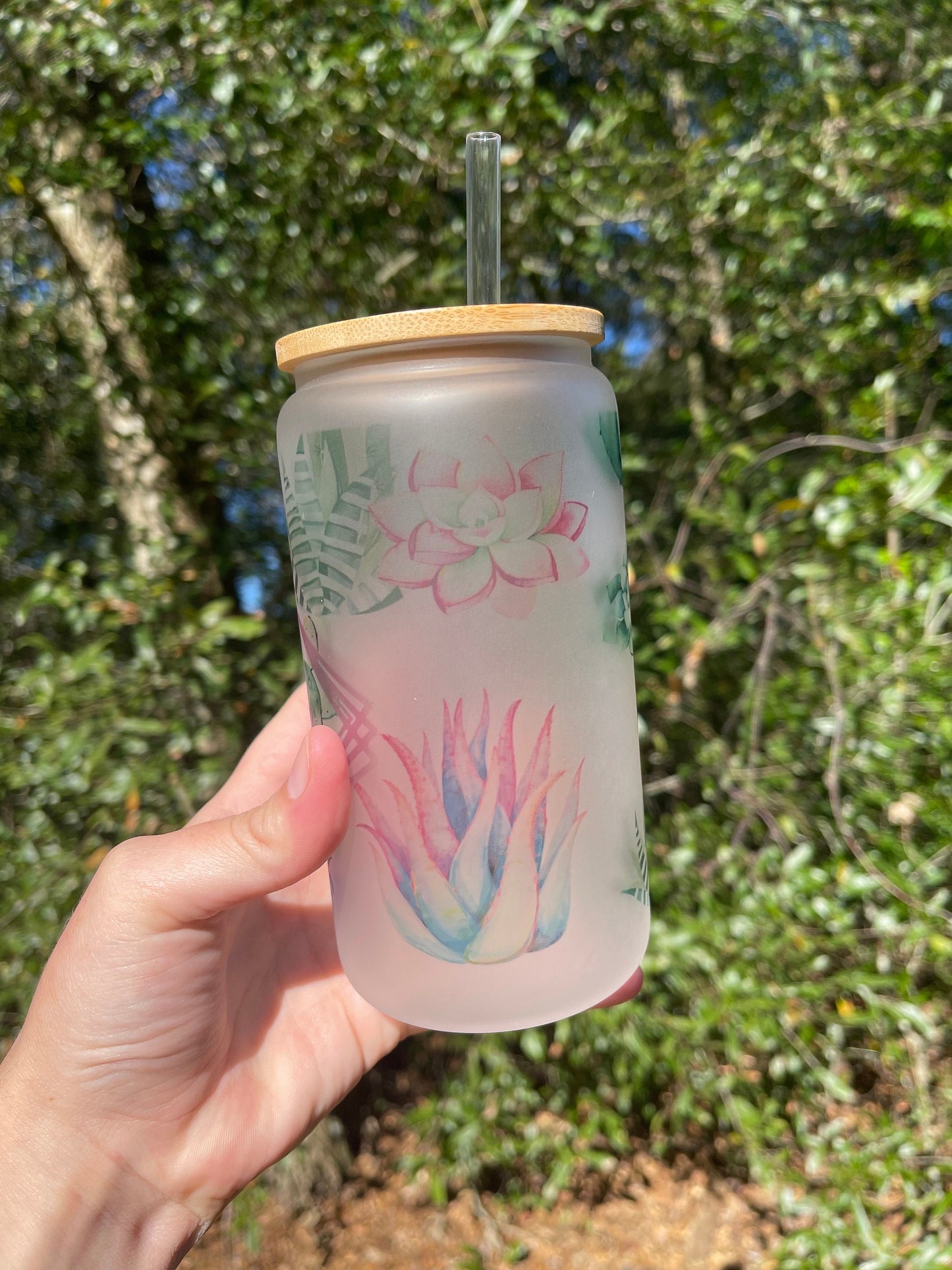 Succulents and Plant Mom with cactus   coffee can 16oz cute glass cup With bamboo wood lid and plastic straw