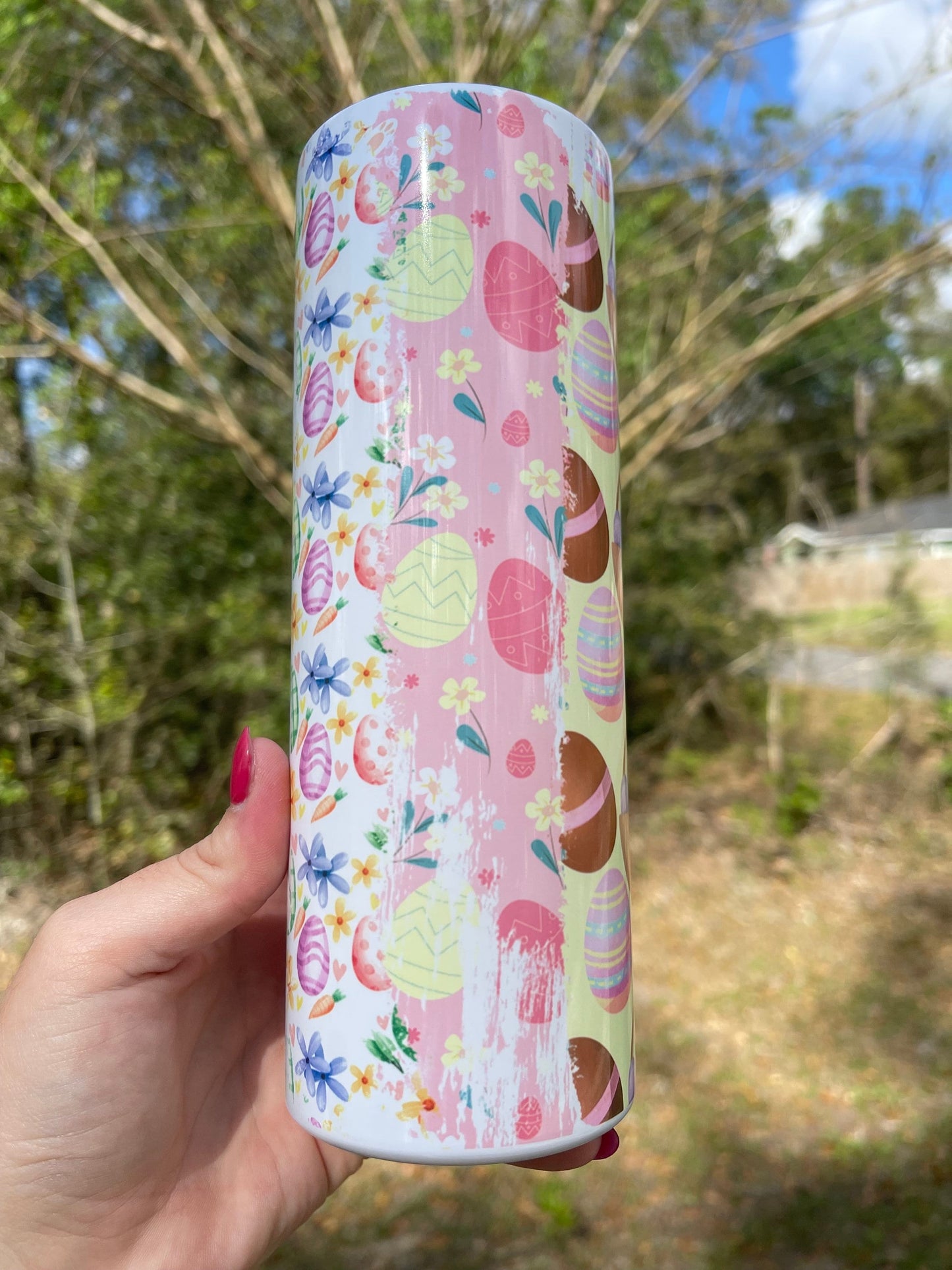 Easter egg, Easter themed unique and cute multicolored and multisided designs. 20oz skinny tumblers with lid and straw. Available in 12oz