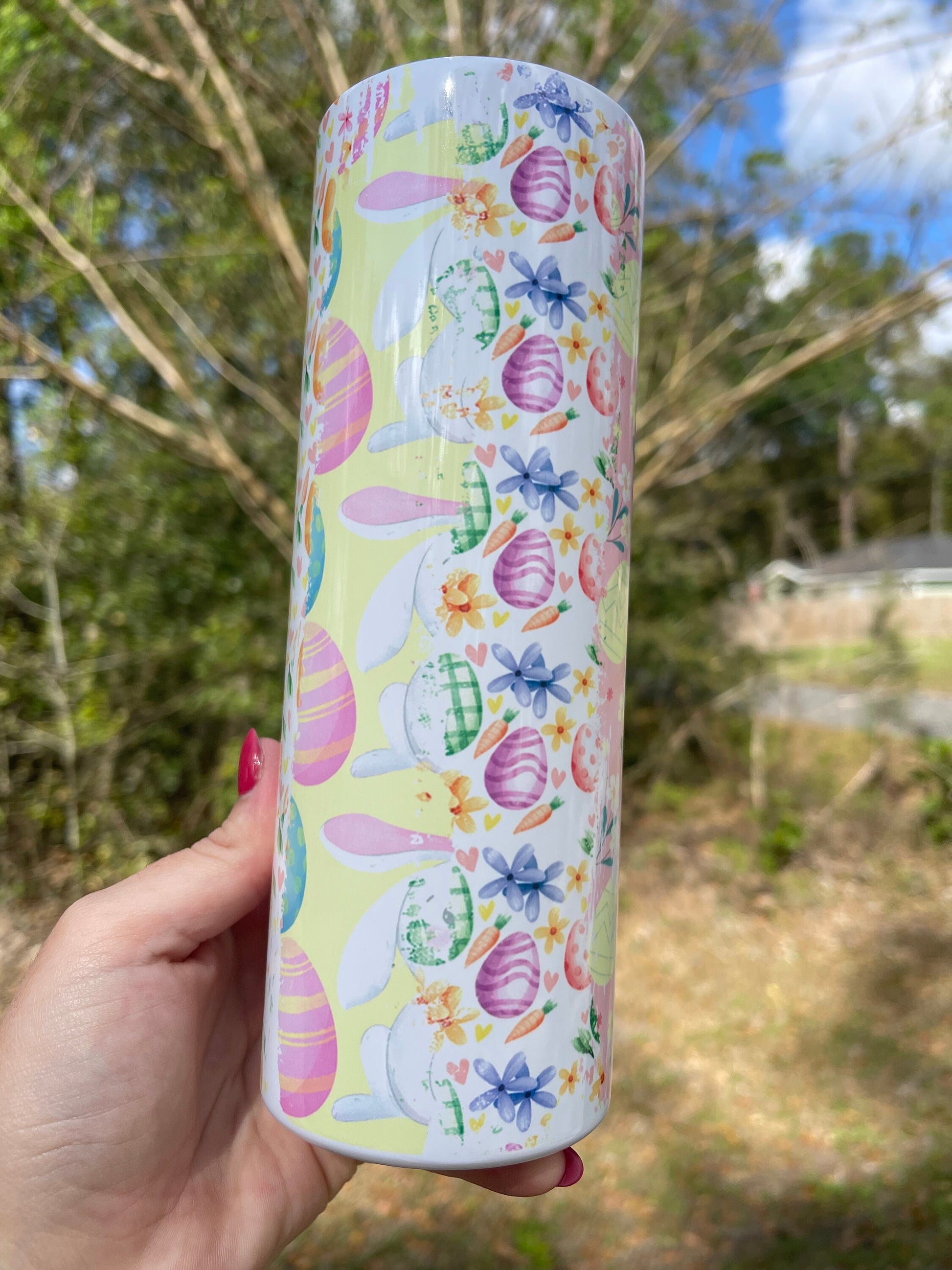 Easter egg, Easter themed unique and cute multicolored and multisided designs. 20oz skinny tumblers with lid and straw. Available in 12oz