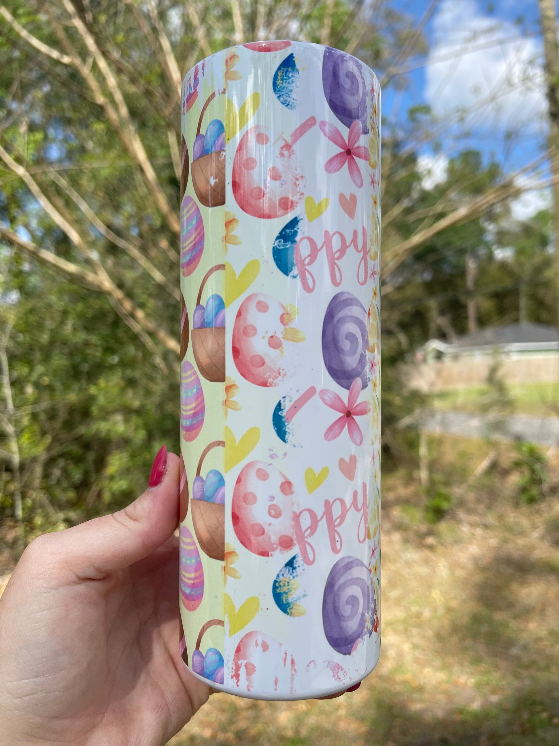 Easter egg, Easter themed unique and cute multicolored and multisided designs. 20oz skinny tumblers with lid and straw. Available in 12oz