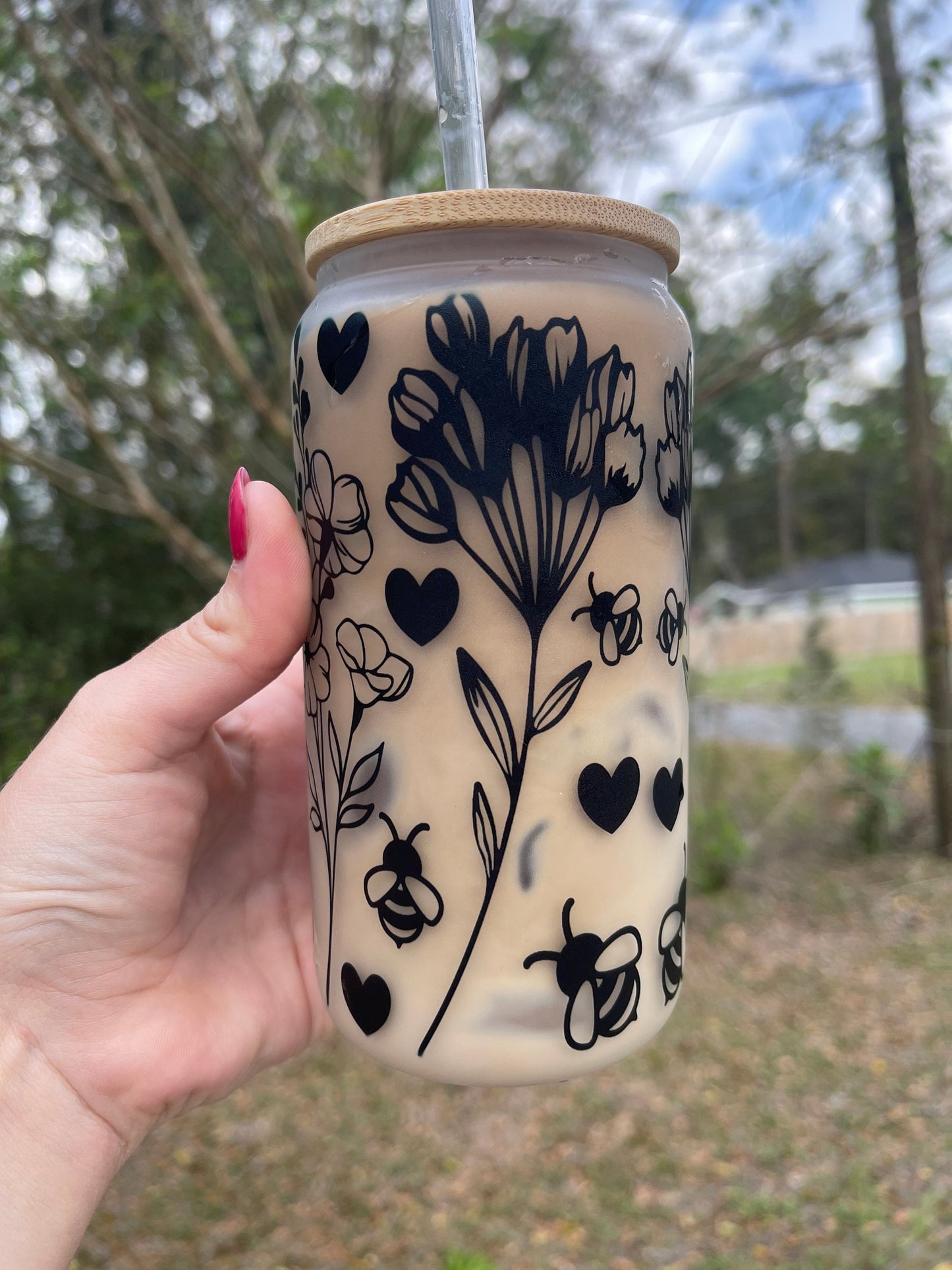 Butterflies flowers, and floral butterfly design coffee can 16oz cute glass coffee can cup. With bamboo wood lid and plastic straw