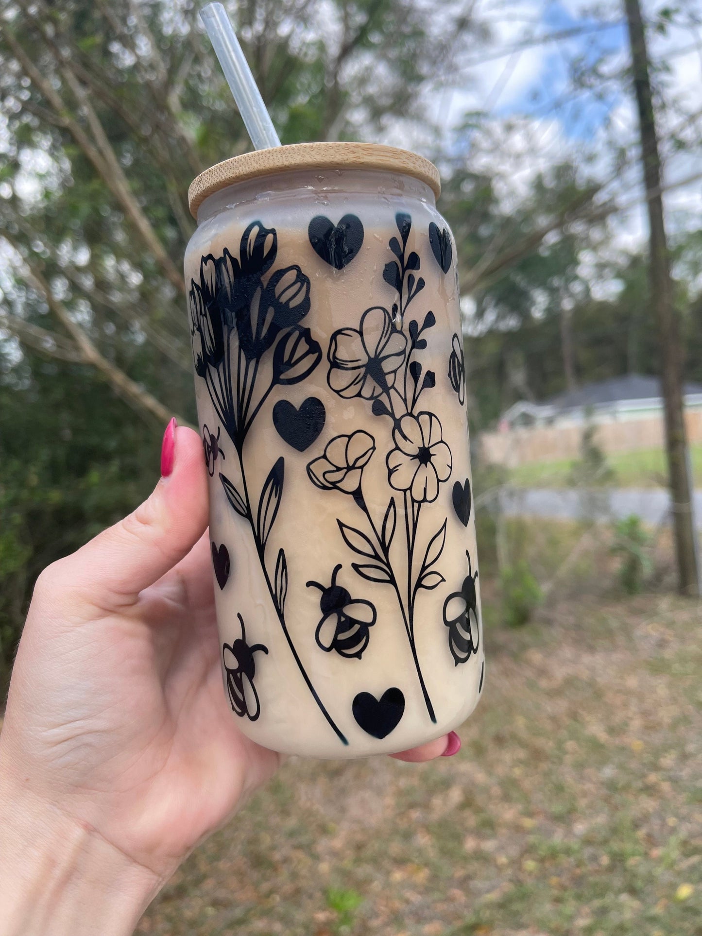 Butterflies flowers, and floral butterfly design coffee can 16oz cute glass coffee can cup. With bamboo wood lid and plastic straw