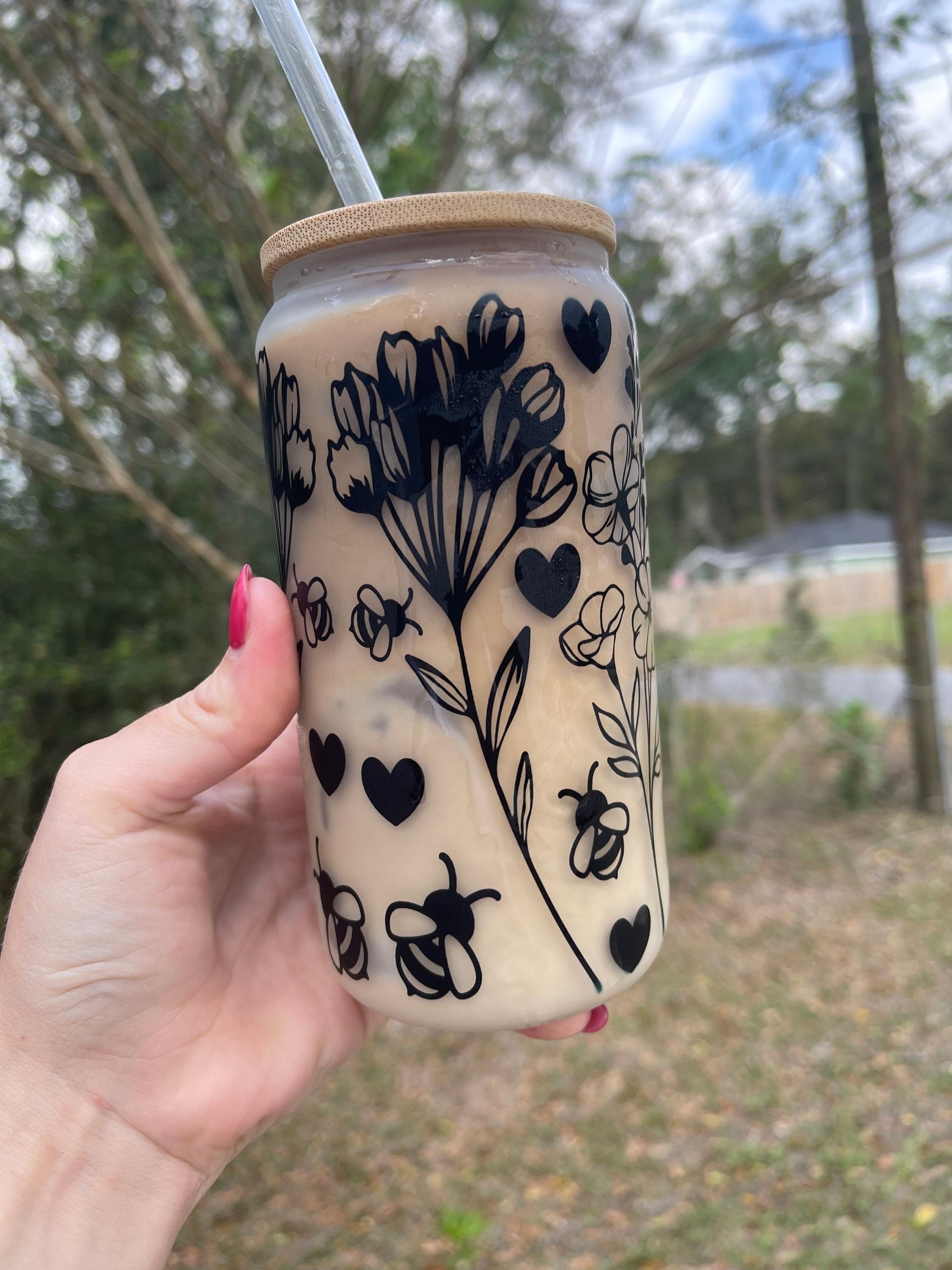 Butterflies flowers, and floral butterfly design coffee can 16oz cute glass coffee can cup. With bamboo wood lid and plastic straw