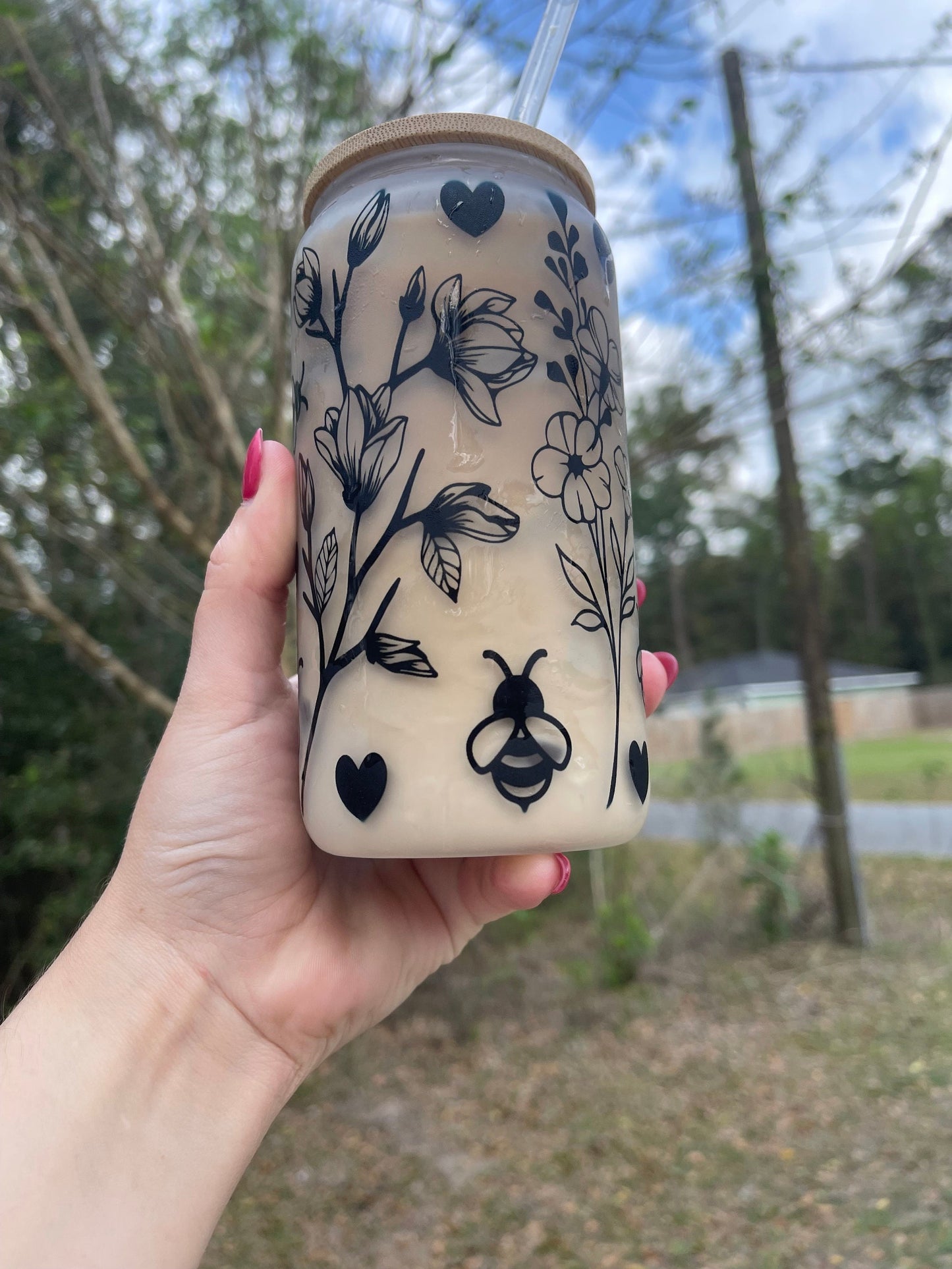 Butterflies flowers, and floral butterfly design coffee can 16oz cute glass coffee can cup. With bamboo wood lid and plastic straw