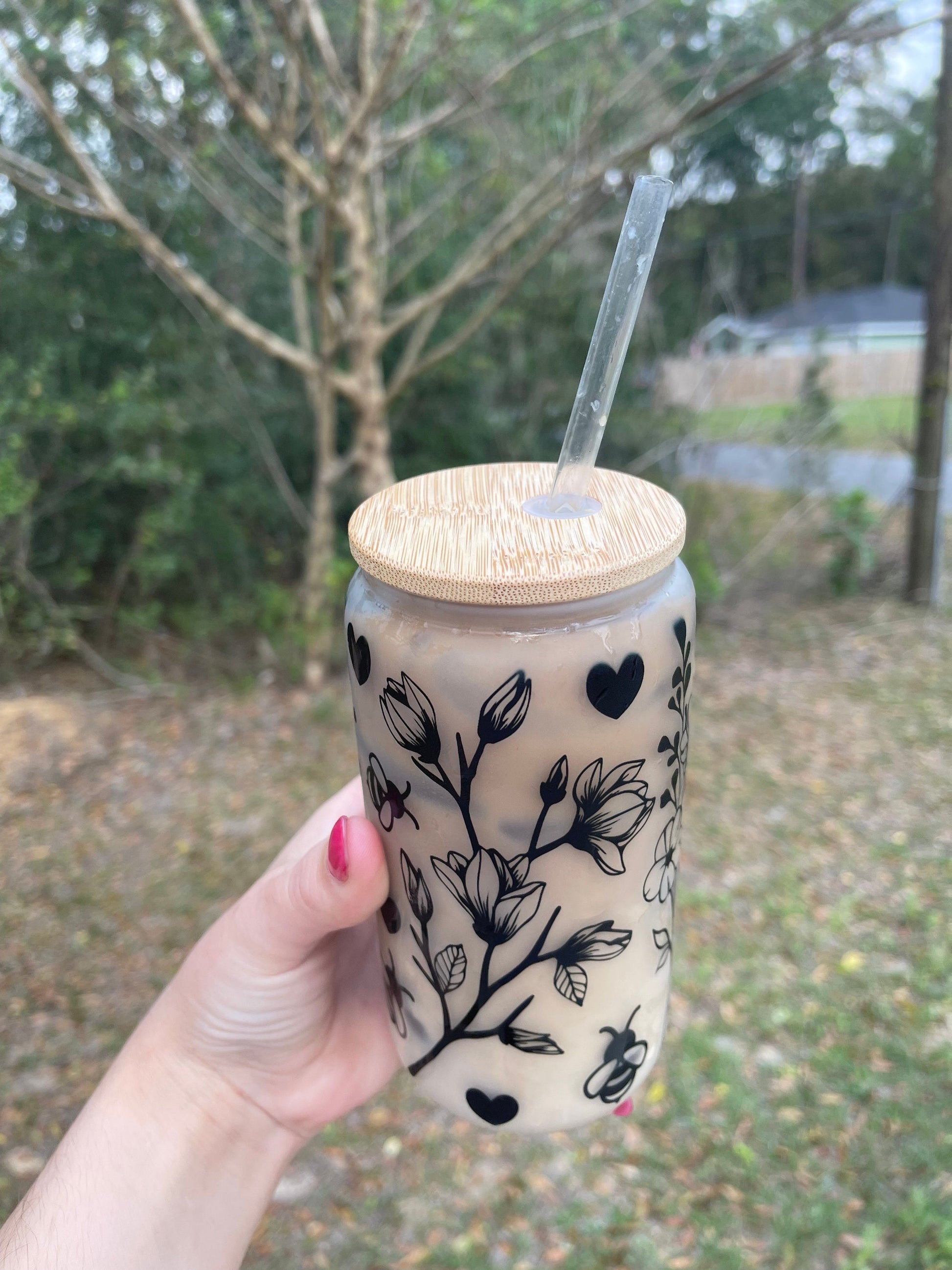 Butterflies flowers, and floral butterfly design coffee can 16oz cute glass coffee can cup. With bamboo wood lid and plastic straw