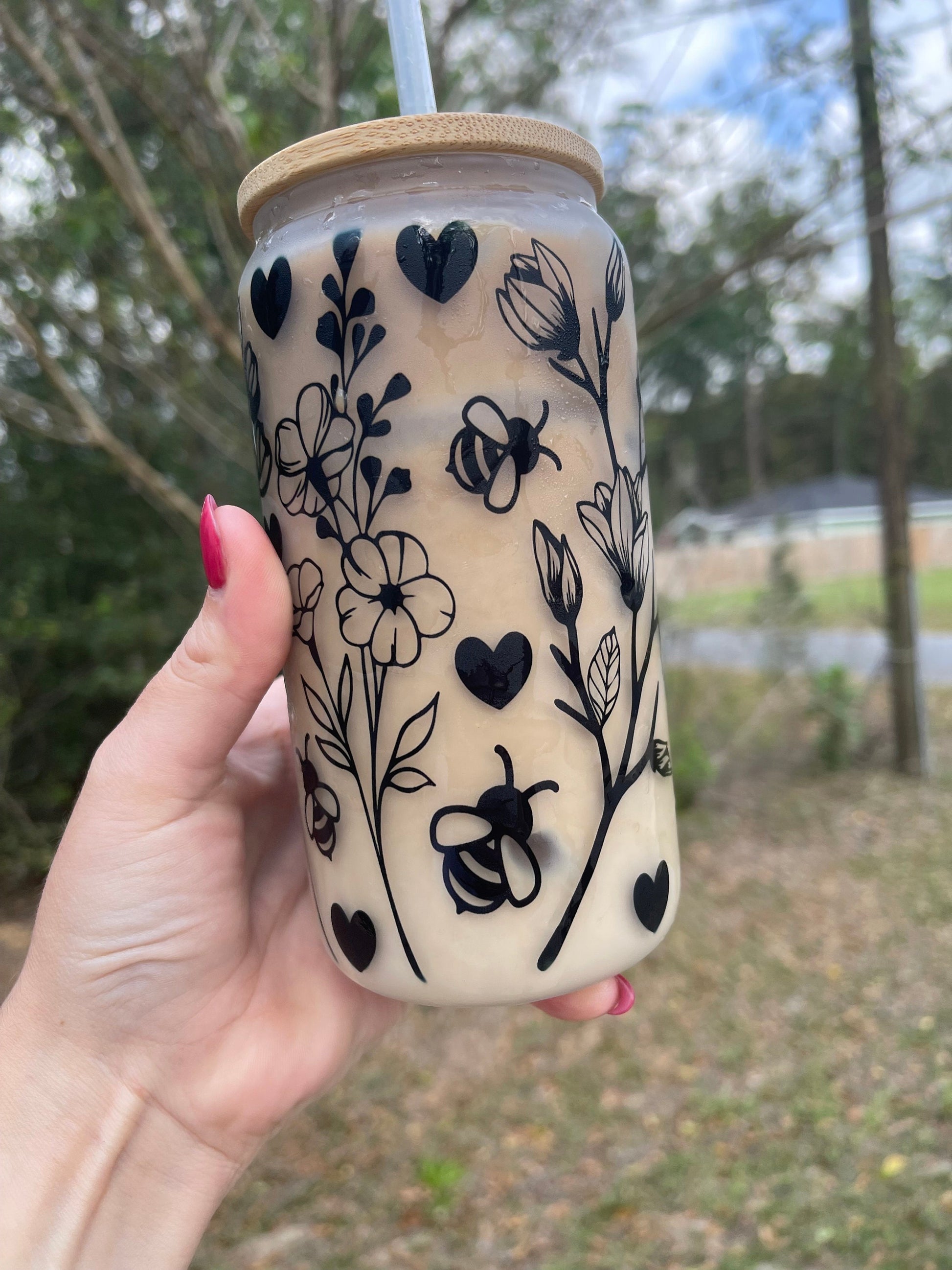 Butterflies flowers, and floral butterfly design coffee can 16oz cute glass coffee can cup. With bamboo wood lid and plastic straw