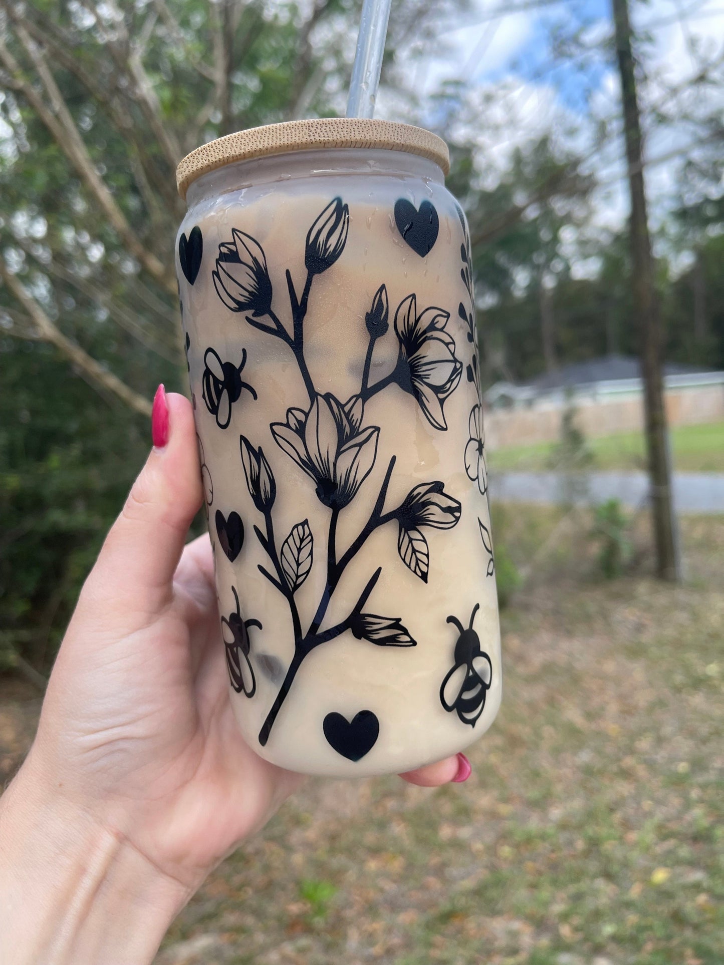 Butterflies flowers, and floral butterfly design coffee can 16oz cute glass coffee can cup. With bamboo wood lid and plastic straw