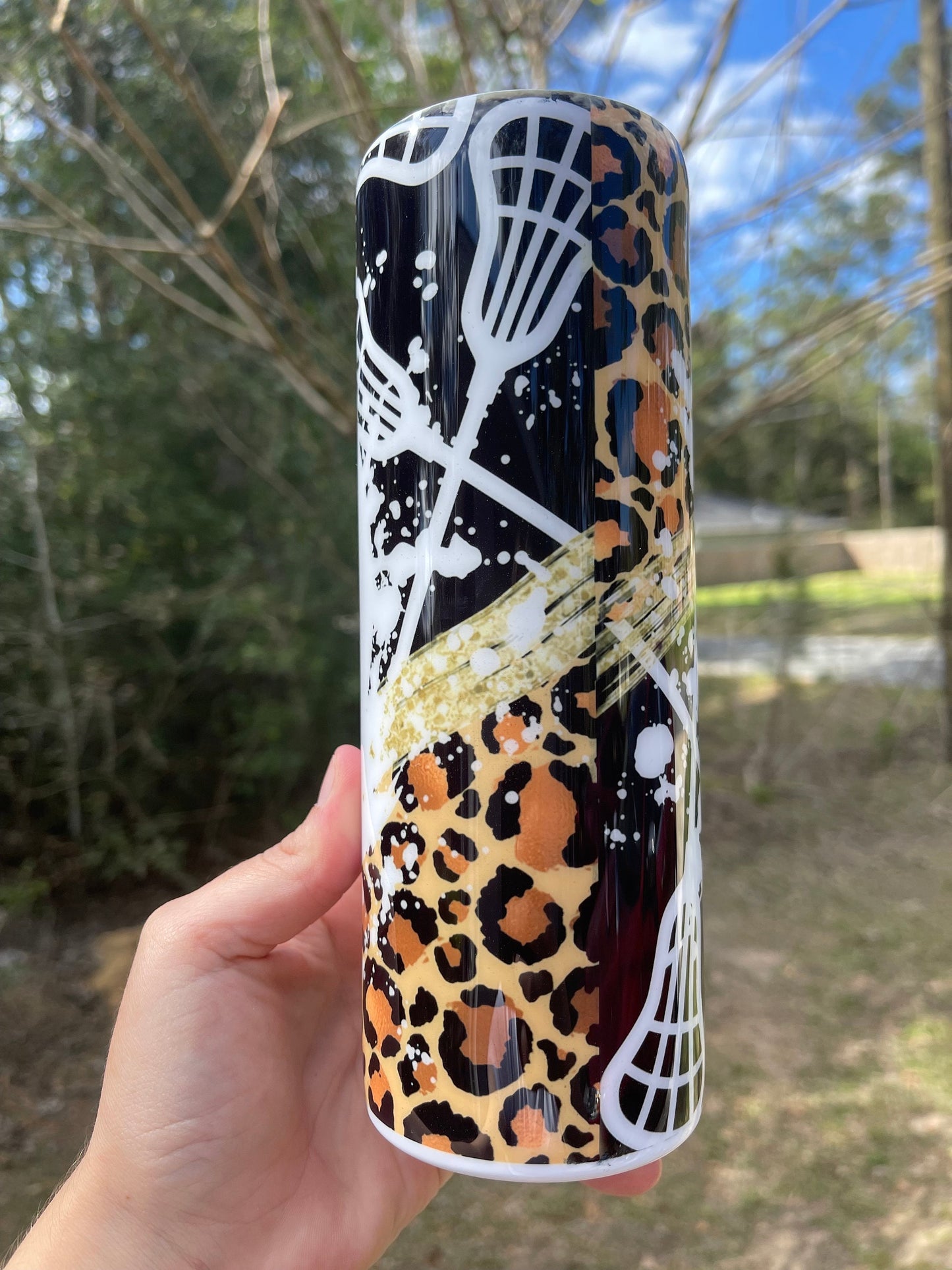 Lacrosse mom life mom bun 20oz skinny tumbler with cheetah print