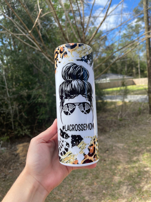 Lacrosse mom life mom bun 20oz skinny tumbler with cheetah print