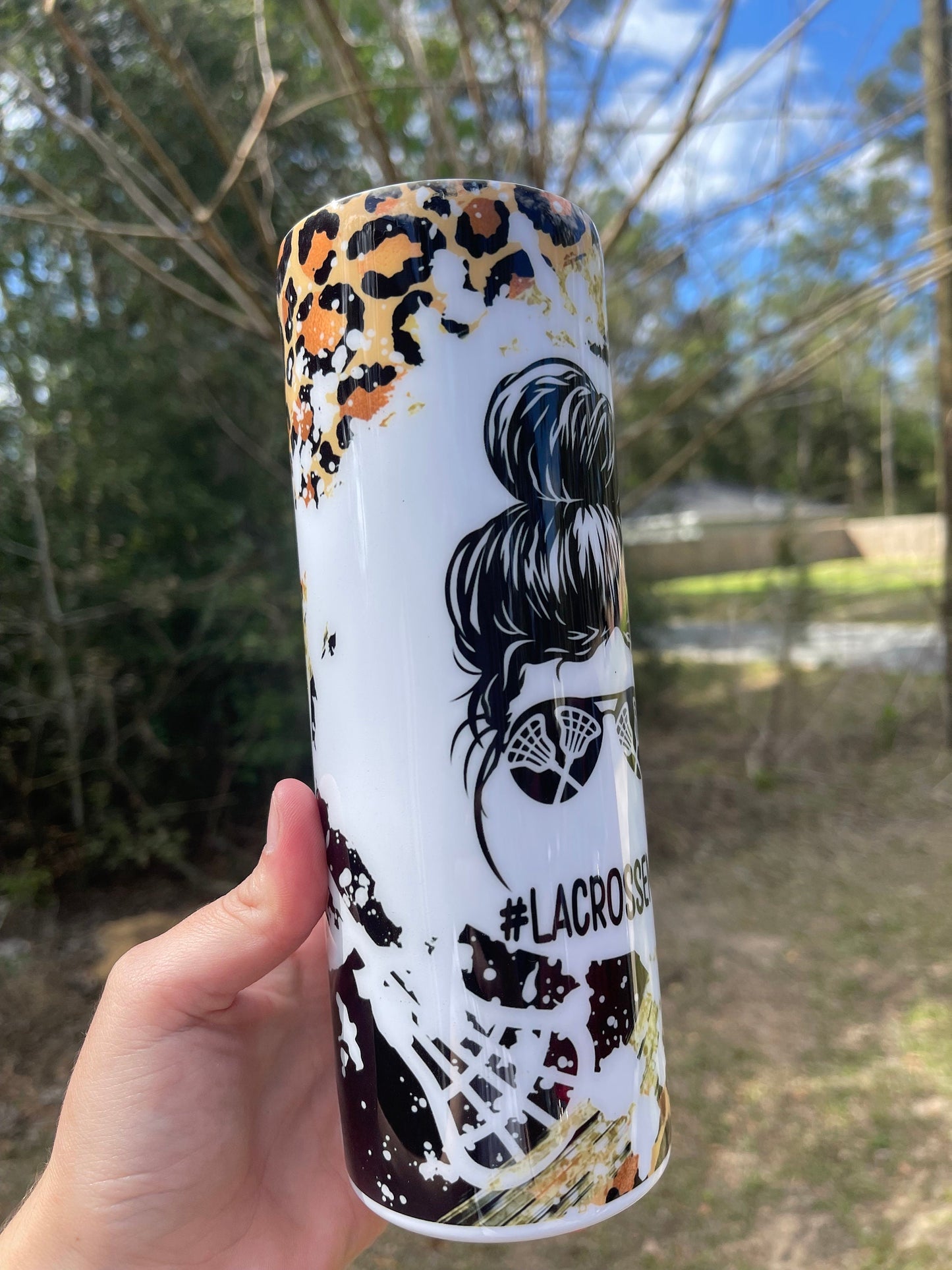 Lacrosse mom life mom bun 20oz skinny tumbler with cheetah print