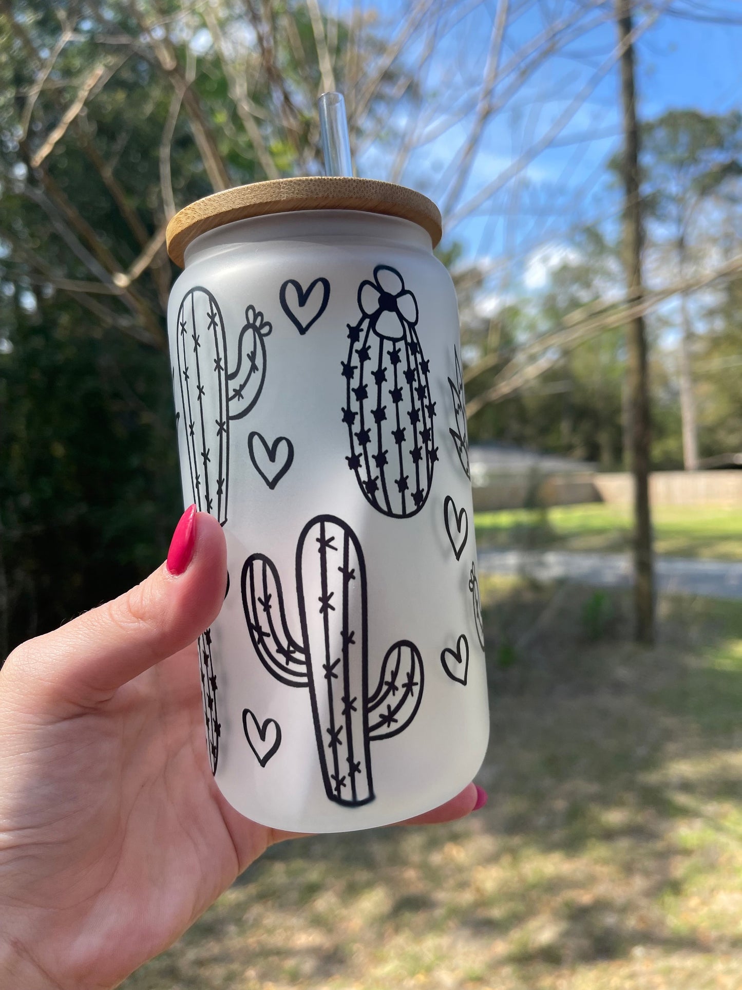 Cactus and succulent frosted glass cam 16oz with bamboo lid and straw. Perfect for coffee teas and more.