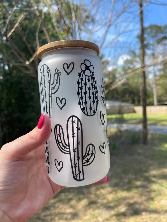 Cactus and succulent frosted glass cam 16oz with bamboo lid and straw. Perfect for coffee teas and more.