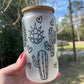Cactus and succulent frosted glass cam 16oz with bamboo lid and straw. Perfect for coffee teas and more.