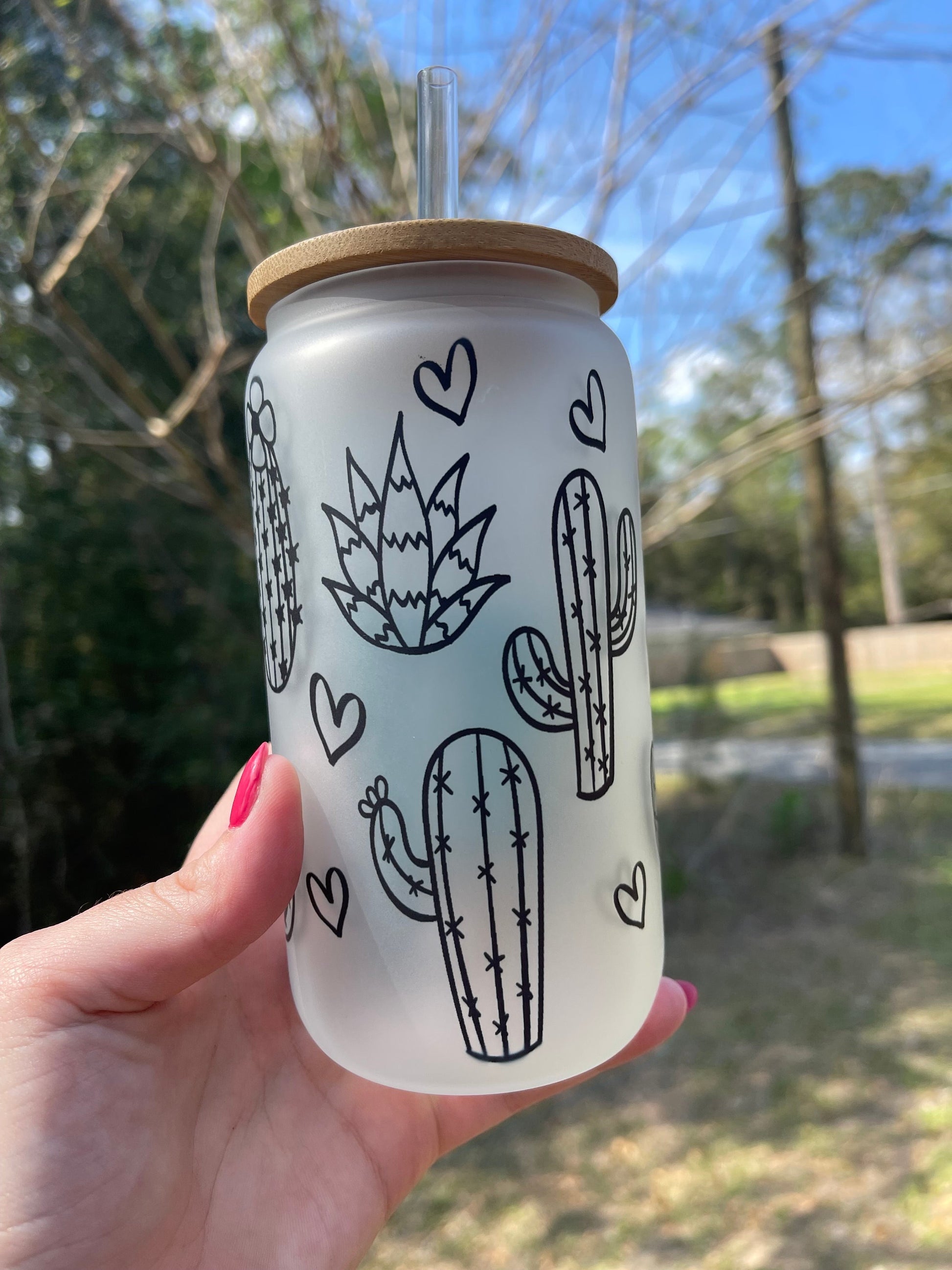 Cactus and succulent frosted glass cam 16oz with bamboo lid and straw. Perfect for coffee teas and more.