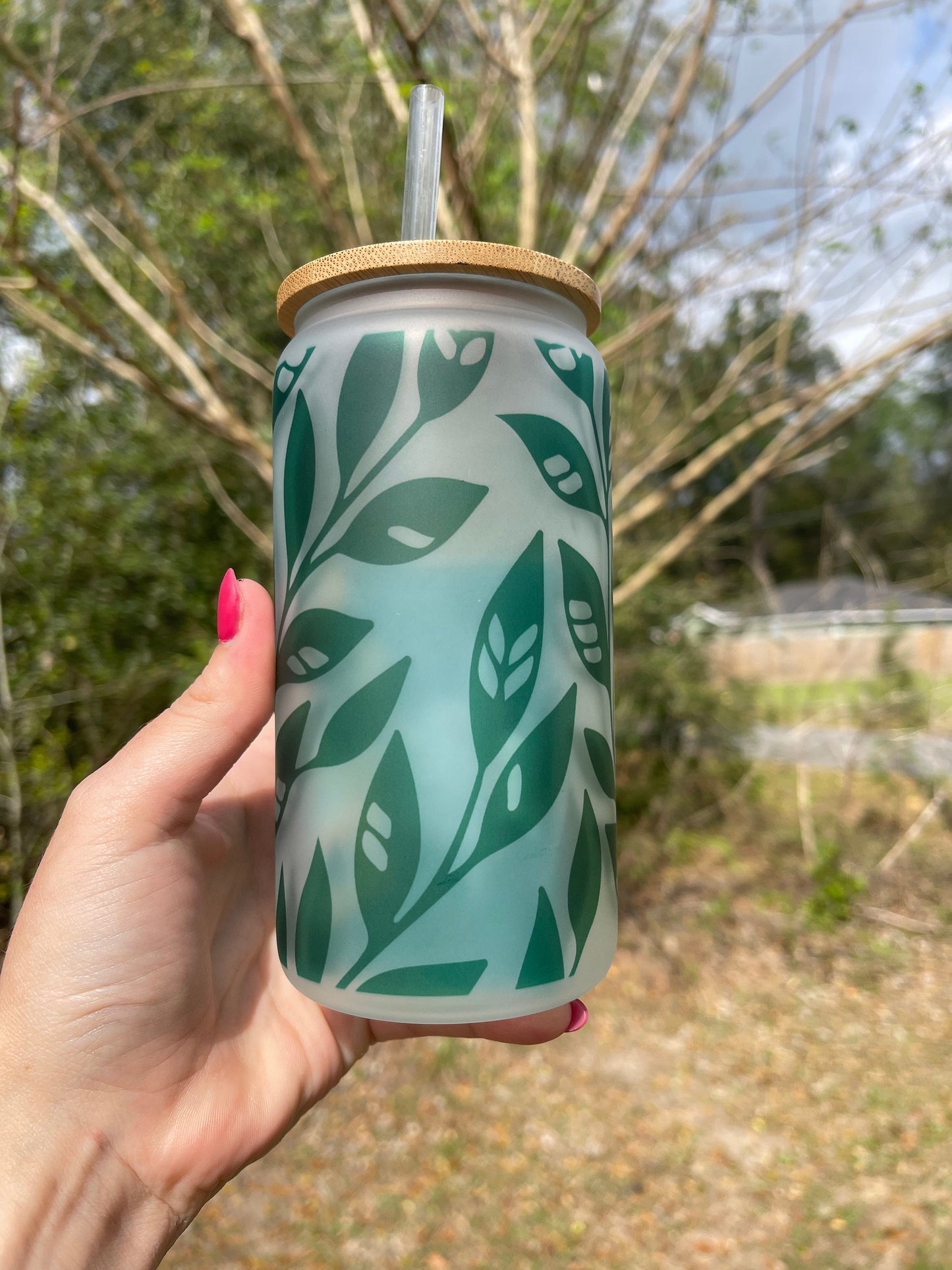 Green leaf, vines, foliage coffee can 16oz cute glass coffee can cup. With bamboo wood lid and plastic straw plant