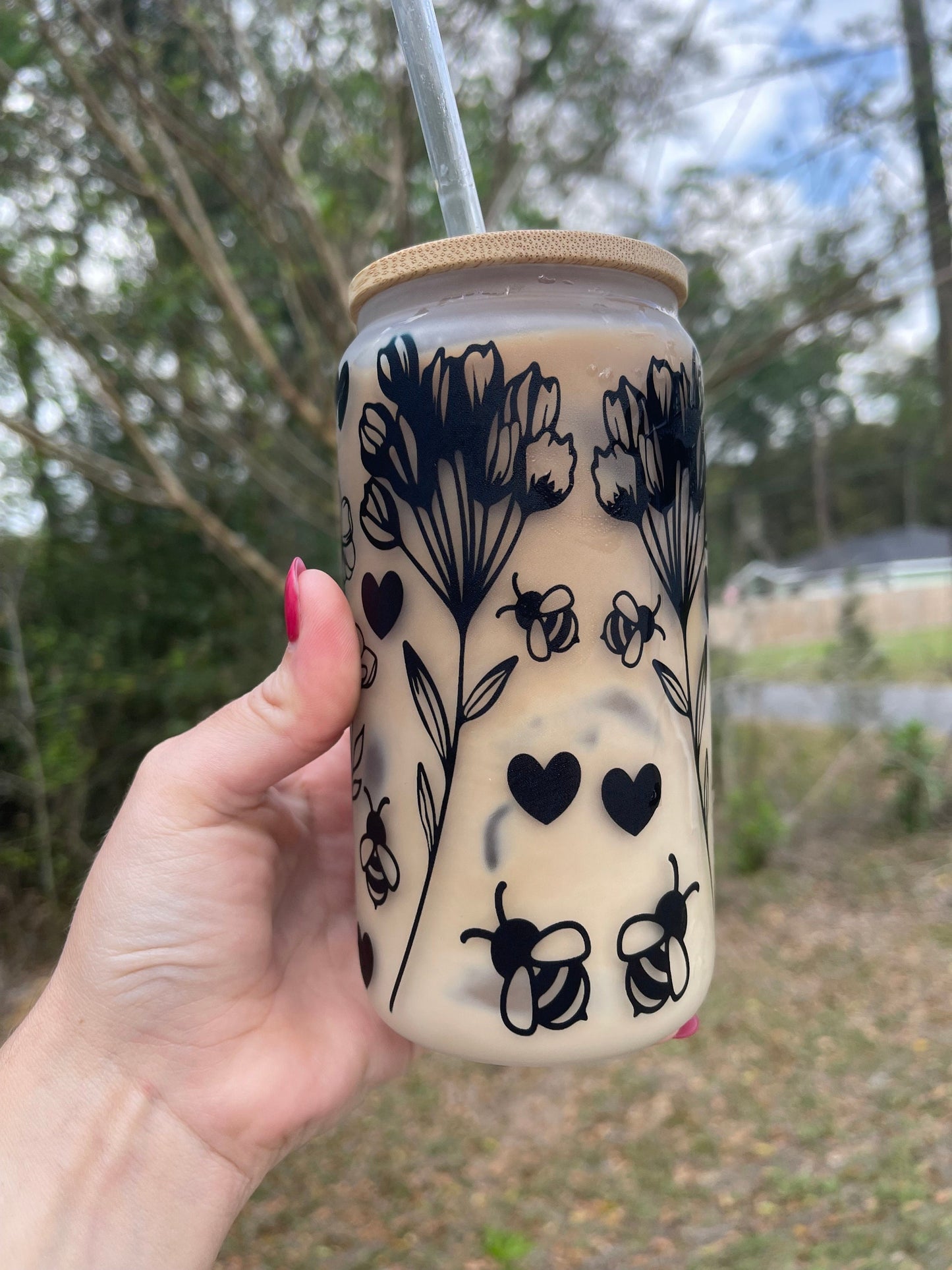 Butterflies flowers, and floral butterfly design coffee can 16oz cute glass coffee can cup. With bamboo wood lid and plastic straw