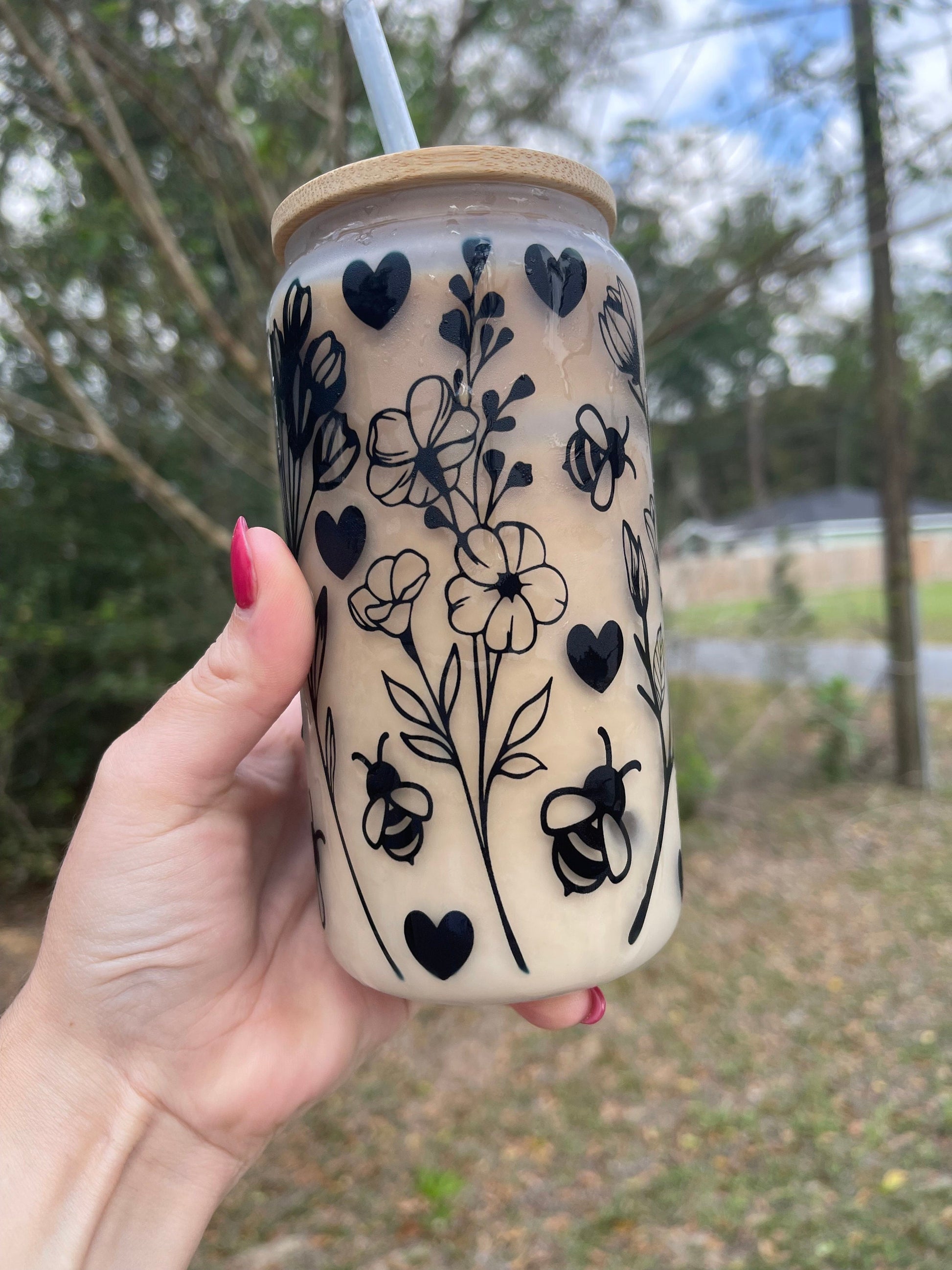 Butterflies flowers, and floral butterfly design coffee can 16oz cute glass coffee can cup. With bamboo wood lid and plastic straw