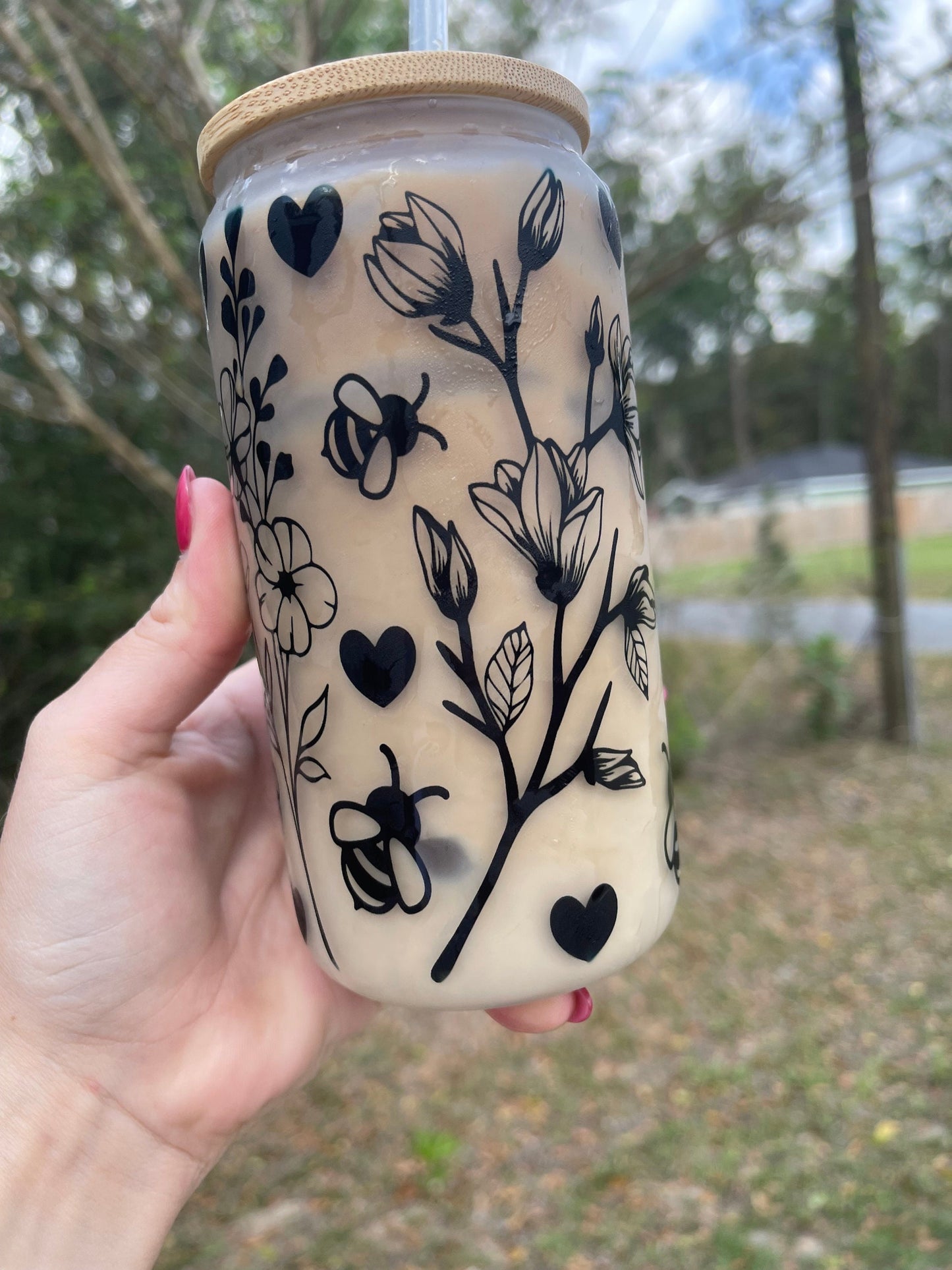 Butterflies flowers, and floral butterfly design coffee can 16oz cute glass coffee can cup. With bamboo wood lid and plastic straw